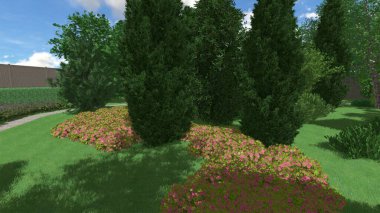 Memleketin peyzaj tasarımının 3 boyutlu görüntüsü. Bölgenin peyzajı. Birleşik peyzaj ve peyzaj çözümlerinin bilgisayar görselleştirmesi.