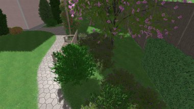 Memleketin peyzaj tasarımının 3 boyutlu görüntüsü. Bölgenin peyzajı. Birleşik peyzaj ve peyzaj çözümlerinin bilgisayar görselleştirmesi.