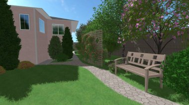 Memleketin peyzaj tasarımının 3 boyutlu görüntüsü. Bölgenin peyzajı. Birleşik peyzaj ve peyzaj çözümlerinin bilgisayar görselleştirmesi.