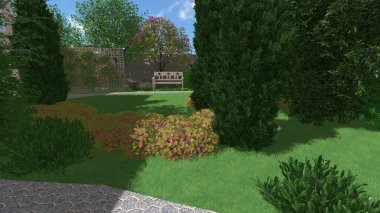 Memleketin peyzaj tasarımının 3 boyutlu görüntüsü. Bölgenin peyzajı. Birleşik peyzaj ve peyzaj çözümlerinin bilgisayar görselleştirmesi.