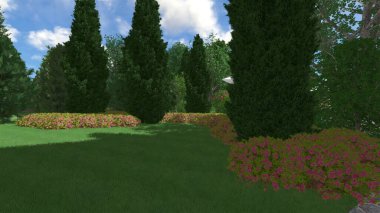 Memleketin peyzaj tasarımının 3 boyutlu görüntüsü. Bölgenin peyzajı. Birleşik peyzaj ve peyzaj çözümlerinin bilgisayar görselleştirmesi.
