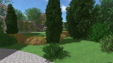 Memleketin peyzaj tasarımının 3 boyutlu görüntüsü. Bölgenin peyzajı. Birleşik peyzaj ve peyzaj çözümlerinin bilgisayar görselleştirmesi.