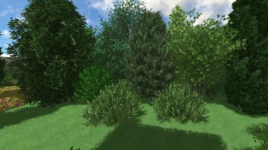 Memleketin peyzaj tasarımının 3 boyutlu görüntüsü. Bölgenin peyzajı. Birleşik peyzaj ve peyzaj çözümlerinin bilgisayar görselleştirmesi.