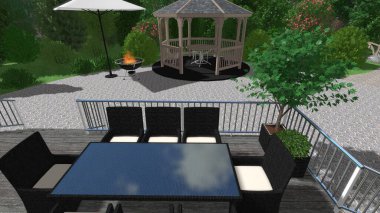 Memleketin peyzaj tasarımının 3 boyutlu görüntüsü. Bölgenin peyzajı. Birleşik peyzaj ve peyzaj çözümlerinin bilgisayar görselleştirmesi.