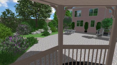 Memleketin peyzaj tasarımının 3 boyutlu görüntüsü. Bölgenin peyzajı. Birleşik peyzaj ve peyzaj çözümlerinin bilgisayar görselleştirmesi.