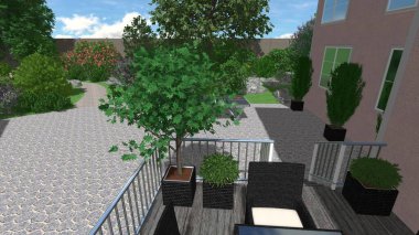 Memleketin peyzaj tasarımının 3 boyutlu görüntüsü. Bölgenin peyzajı. Birleşik peyzaj ve peyzaj çözümlerinin bilgisayar görselleştirmesi.