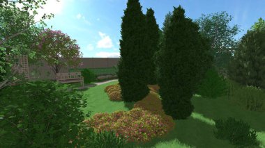 Memleketin peyzaj tasarımının 3 boyutlu görüntüsü. Bölgenin peyzajı. Birleşik peyzaj ve peyzaj çözümlerinin bilgisayar görselleştirmesi.