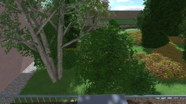 Memleketin peyzaj tasarımının 3 boyutlu görüntüsü. Bölgenin peyzajı. Birleşik peyzaj ve peyzaj çözümlerinin bilgisayar görselleştirmesi.