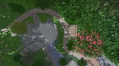 Memleketin peyzaj tasarımının 3 boyutlu görüntüsü. Bölgenin peyzajı. Birleşik peyzaj ve peyzaj çözümlerinin bilgisayar görselleştirmesi.