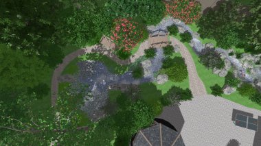 Memleketin peyzaj tasarımının 3 boyutlu görüntüsü. Bölgenin peyzajı. Birleşik peyzaj ve peyzaj çözümlerinin bilgisayar görselleştirmesi.