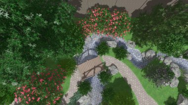 Memleketin peyzaj tasarımının 3 boyutlu görüntüsü. Bölgenin peyzajı. Birleşik peyzaj ve peyzaj çözümlerinin bilgisayar görselleştirmesi.