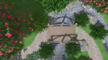 Memleketin peyzaj tasarımının 3 boyutlu görüntüsü. Bölgenin peyzajı. Birleşik peyzaj ve peyzaj çözümlerinin bilgisayar görselleştirmesi.