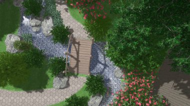 Memleketin peyzaj tasarımının 3 boyutlu görüntüsü. Bölgenin peyzajı. Birleşik peyzaj ve peyzaj çözümlerinin bilgisayar görselleştirmesi.