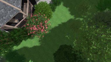 Memleketin peyzaj tasarımının 3 boyutlu görüntüsü. Bölgenin peyzajı. Birleşik peyzaj ve peyzaj çözümlerinin bilgisayar görselleştirmesi.