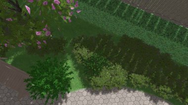 Memleketin peyzaj tasarımının 3 boyutlu görüntüsü. Bölgenin peyzajı. Birleşik peyzaj ve peyzaj çözümlerinin bilgisayar görselleştirmesi.