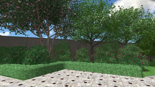 Memleketin peyzaj tasarımının 3 boyutlu görüntüsü. Bölgenin peyzajı. Birleşik peyzaj ve peyzaj çözümlerinin bilgisayar görselleştirmesi.