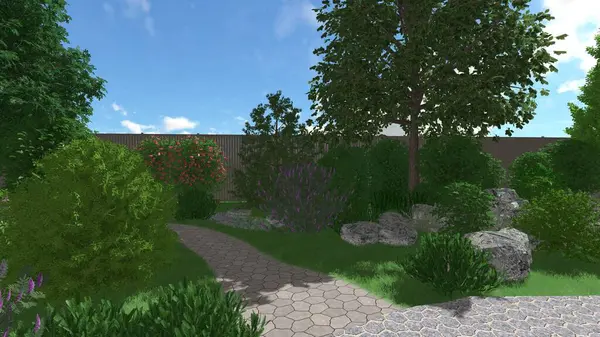 Memleketin peyzaj tasarımının 3 boyutlu görüntüsü. Bölgenin peyzajı. Birleşik peyzaj ve peyzaj çözümlerinin bilgisayar görselleştirmesi.