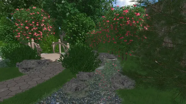 Memleketin peyzaj tasarımının 3 boyutlu görüntüsü. Bölgenin peyzajı. Birleşik peyzaj ve peyzaj çözümlerinin bilgisayar görselleştirmesi.