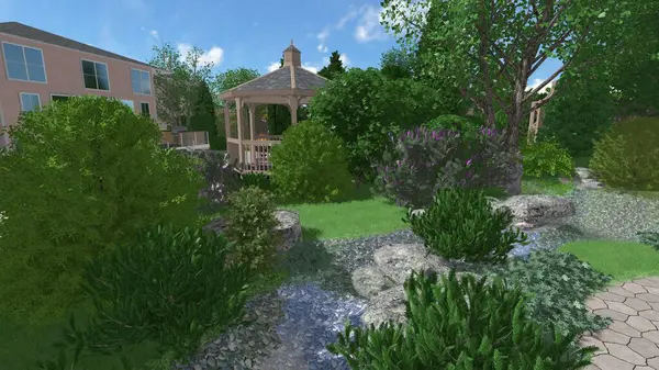 Memleketin peyzaj tasarımının 3 boyutlu görüntüsü. Bölgenin peyzajı. Birleşik peyzaj ve peyzaj çözümlerinin bilgisayar görselleştirmesi.