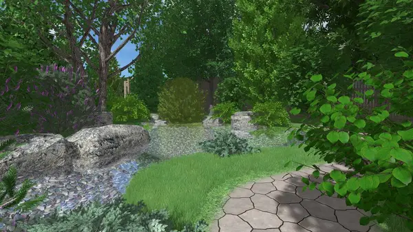 Memleketin peyzaj tasarımının 3 boyutlu görüntüsü. Bölgenin peyzajı. Birleşik peyzaj ve peyzaj çözümlerinin bilgisayar görselleştirmesi.