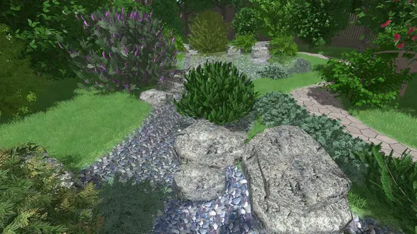 Memleketin peyzaj tasarımının 3 boyutlu görüntüsü. Bölgenin peyzajı. Birleşik peyzaj ve peyzaj çözümlerinin bilgisayar görselleştirmesi.