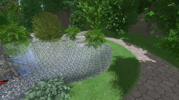 Memleketin peyzaj tasarımının 3 boyutlu görüntüsü. Bölgenin peyzajı. Birleşik peyzaj ve peyzaj çözümlerinin bilgisayar görselleştirmesi.