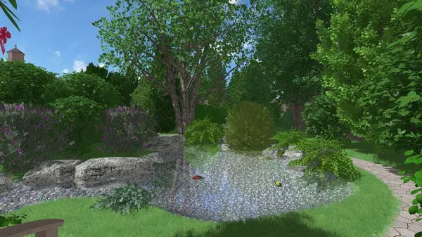 Memleketin peyzaj tasarımının 3 boyutlu görüntüsü. Bölgenin peyzajı. Birleşik peyzaj ve peyzaj çözümlerinin bilgisayar görselleştirmesi.