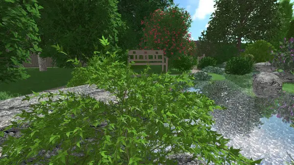 Memleketin peyzaj tasarımının 3 boyutlu görüntüsü. Bölgenin peyzajı. Birleşik peyzaj ve peyzaj çözümlerinin bilgisayar görselleştirmesi.