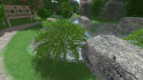 Memleketin peyzaj tasarımının 3 boyutlu görüntüsü. Bölgenin peyzajı. Birleşik peyzaj ve peyzaj çözümlerinin bilgisayar görselleştirmesi.