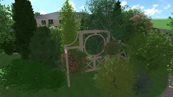 Memleketin peyzaj tasarımının 3 boyutlu görüntüsü. Bölgenin peyzajı. Birleşik peyzaj ve peyzaj çözümlerinin bilgisayar görselleştirmesi.