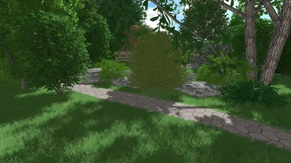 Memleketin peyzaj tasarımının 3 boyutlu görüntüsü. Bölgenin peyzajı. Birleşik peyzaj ve peyzaj çözümlerinin bilgisayar görselleştirmesi.