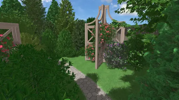 Memleketin peyzaj tasarımının 3 boyutlu görüntüsü. Bölgenin peyzajı. Birleşik peyzaj ve peyzaj çözümlerinin bilgisayar görselleştirmesi.