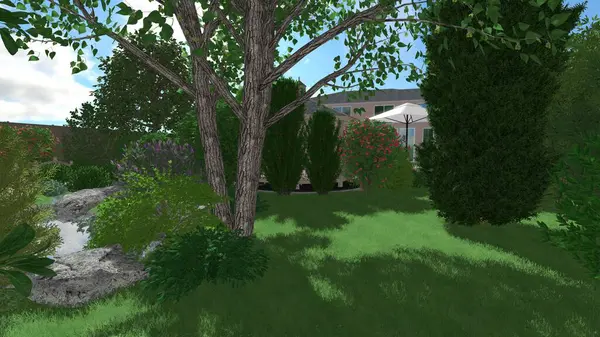 Memleketin peyzaj tasarımının 3 boyutlu görüntüsü. Bölgenin peyzajı. Birleşik peyzaj ve peyzaj çözümlerinin bilgisayar görselleştirmesi.