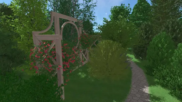 Memleketin peyzaj tasarımının 3 boyutlu görüntüsü. Bölgenin peyzajı. Birleşik peyzaj ve peyzaj çözümlerinin bilgisayar görselleştirmesi.