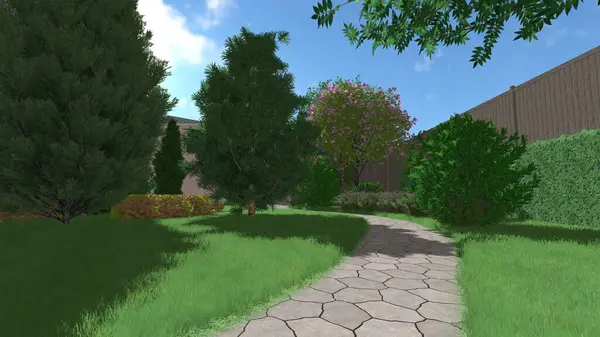 Memleketin peyzaj tasarımının 3 boyutlu görüntüsü. Bölgenin peyzajı. Birleşik peyzaj ve peyzaj çözümlerinin bilgisayar görselleştirmesi.