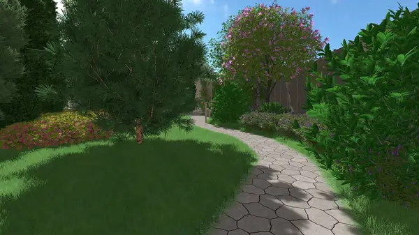 Memleketin peyzaj tasarımının 3 boyutlu görüntüsü. Bölgenin peyzajı. Birleşik peyzaj ve peyzaj çözümlerinin bilgisayar görselleştirmesi.