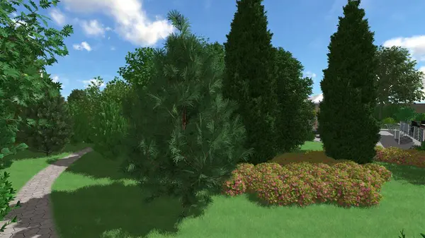 Memleketin peyzaj tasarımının 3 boyutlu görüntüsü. Bölgenin peyzajı. Birleşik peyzaj ve peyzaj çözümlerinin bilgisayar görselleştirmesi.