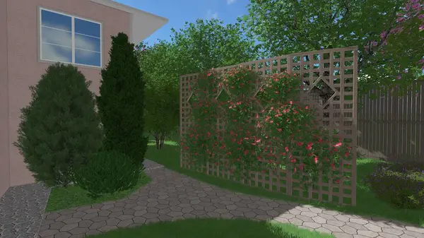 Memleketin peyzaj tasarımının 3 boyutlu görüntüsü. Bölgenin peyzajı. Birleşik peyzaj ve peyzaj çözümlerinin bilgisayar görselleştirmesi.