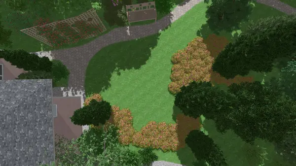 Memleketin peyzaj tasarımının 3 boyutlu görüntüsü. Bölgenin peyzajı. Birleşik peyzaj ve peyzaj çözümlerinin bilgisayar görselleştirmesi.