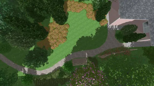 Memleketin peyzaj tasarımının 3 boyutlu görüntüsü. Bölgenin peyzajı. Birleşik peyzaj ve peyzaj çözümlerinin bilgisayar görselleştirmesi.