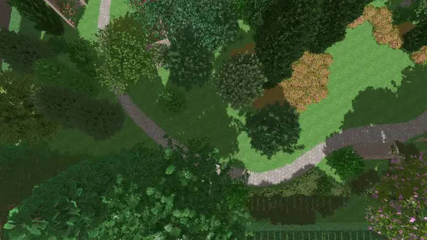 Memleketin peyzaj tasarımının 3 boyutlu görüntüsü. Bölgenin peyzajı. Birleşik peyzaj ve peyzaj çözümlerinin bilgisayar görselleştirmesi.