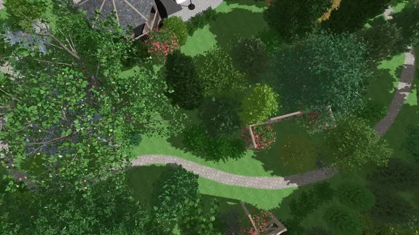 Memleketin peyzaj tasarımının 3 boyutlu görüntüsü. Bölgenin peyzajı. Birleşik peyzaj ve peyzaj çözümlerinin bilgisayar görselleştirmesi.