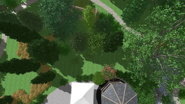 Memleketin peyzaj tasarımının 3 boyutlu görüntüsü. Bölgenin peyzajı. Birleşik peyzaj ve peyzaj çözümlerinin bilgisayar görselleştirmesi.