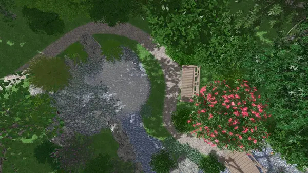 Memleketin peyzaj tasarımının 3 boyutlu görüntüsü. Bölgenin peyzajı. Birleşik peyzaj ve peyzaj çözümlerinin bilgisayar görselleştirmesi.