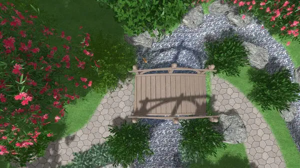 Memleketin peyzaj tasarımının 3 boyutlu görüntüsü. Bölgenin peyzajı. Birleşik peyzaj ve peyzaj çözümlerinin bilgisayar görselleştirmesi.