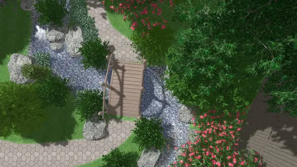 Memleketin peyzaj tasarımının 3 boyutlu görüntüsü. Bölgenin peyzajı. Birleşik peyzaj ve peyzaj çözümlerinin bilgisayar görselleştirmesi.