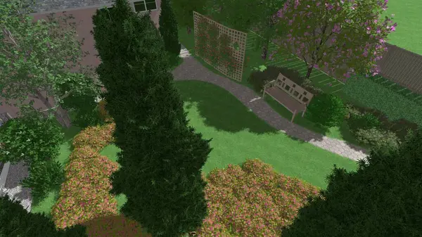 Memleketin peyzaj tasarımının 3 boyutlu görüntüsü. Bölgenin peyzajı. Birleşik peyzaj ve peyzaj çözümlerinin bilgisayar görselleştirmesi.