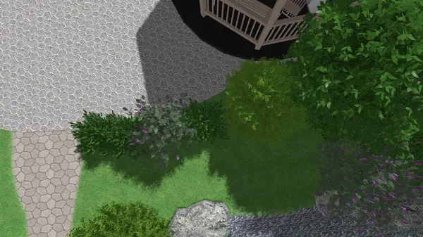 Memleketin peyzaj tasarımının 3 boyutlu görüntüsü. Bölgenin peyzajı. Birleşik peyzaj ve peyzaj çözümlerinin bilgisayar görselleştirmesi.