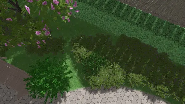 Memleketin peyzaj tasarımının 3 boyutlu görüntüsü. Bölgenin peyzajı. Birleşik peyzaj ve peyzaj çözümlerinin bilgisayar görselleştirmesi.