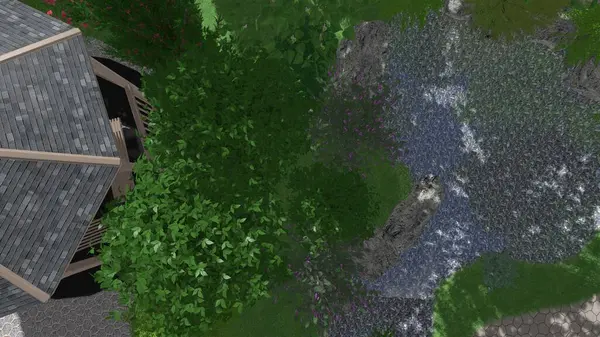 Memleketin peyzaj tasarımının 3 boyutlu görüntüsü. Bölgenin peyzajı. Birleşik peyzaj ve peyzaj çözümlerinin bilgisayar görselleştirmesi.